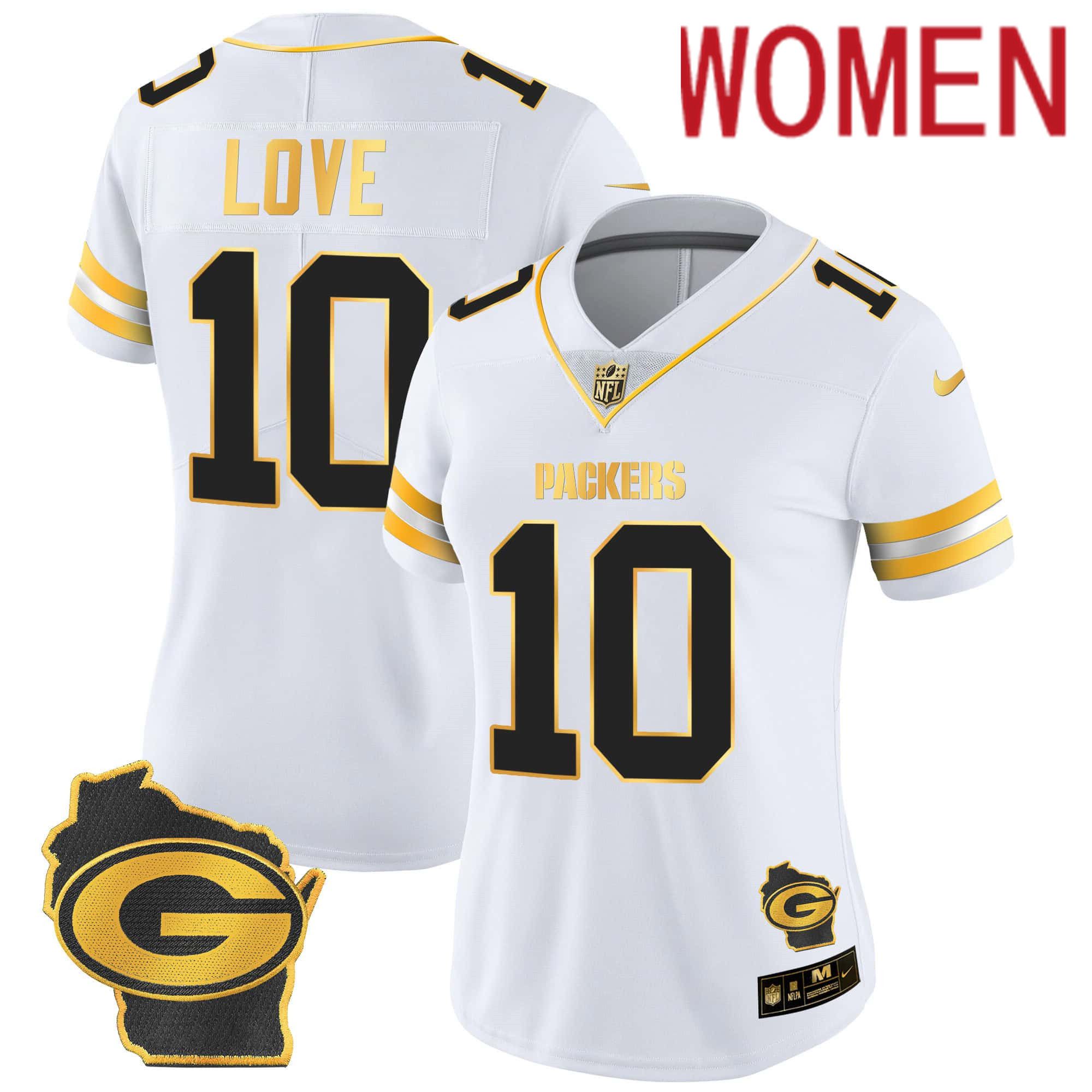 Women Green Bay Packers #10 Love White Gold 2024 Nike Home Patch Vapor NFL Jersey